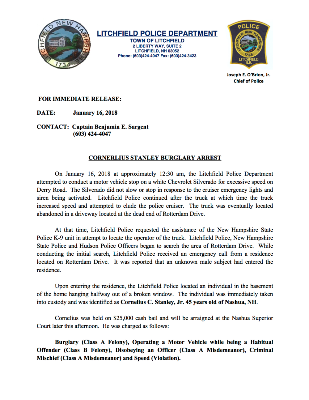 Stanley Burglary Arrest